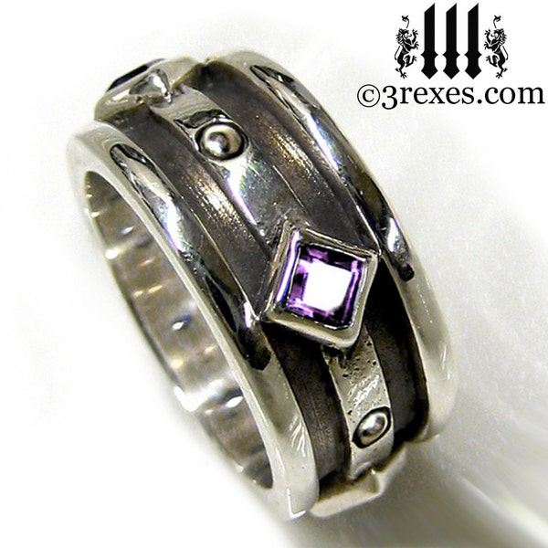 Silver Wedding Ring Purple Amethyst Stone Moorish Gothic Sterling Engagement Band Size 7