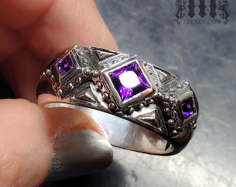 3 Kings Wedding Ring Purple Amethyst Stone Stone Unisex Medieval Silver Band Size 14