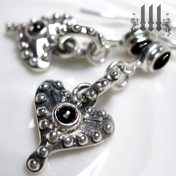 Silver Heart Earrings Punk Rock Gothic Black Onyx Stones