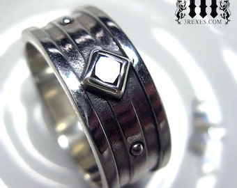 Moorish Gothic One Stone Mens silver wedding band Black Diamond Stone Size 8