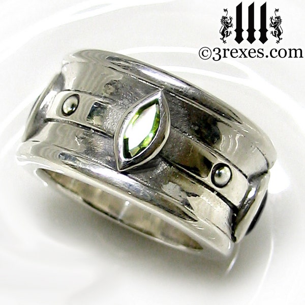 Mens Silver Ring Gothic Engagement Band Green Peridot Moorish Marquise Size 12