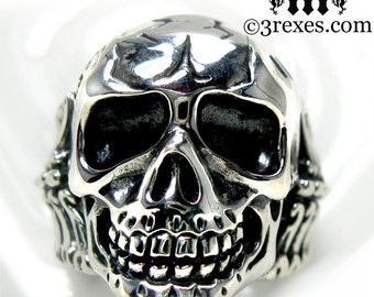 Mens Skull Ring Silver Biker Band Bones Size 12