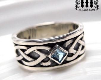 Mens Celtic Soul Ring .925 Sterling Silver Wedding Band Blue topaz Stone Unisex Size 6.75