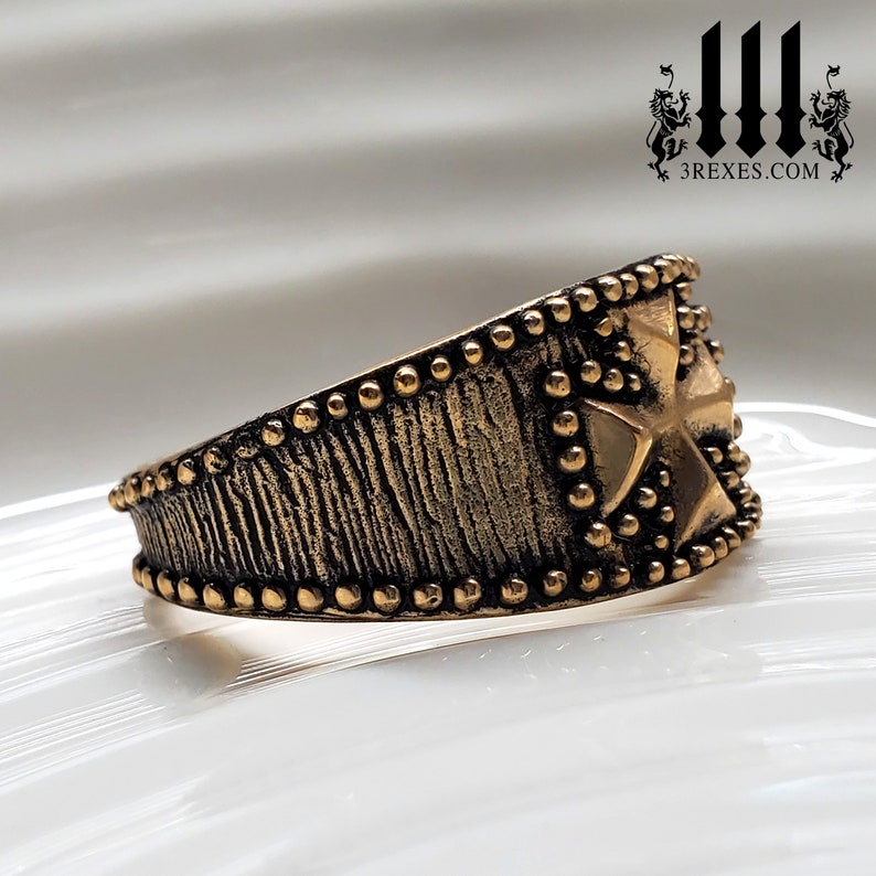 Mens Ring Dark Bronze Studded Iron Cross Band Crude Medieval Style Size 9 image 3