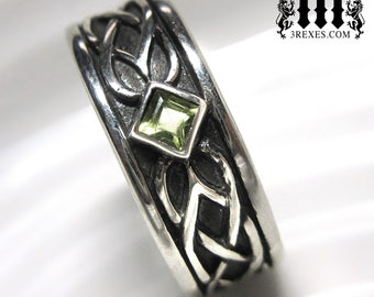 Mens Celtic Soul Ring .925 Sterling Silver Green Peridot Wedding Band Size 11