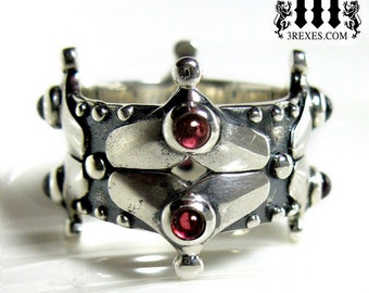 Crown Wedding Ring Medieval Silver Heart Band Lovers Fairy Gothic Garnet size 9