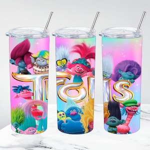 Diseño de vaso Trolls / diseños de sublimación, Descarga digital, Sublimaciones de vasos de 20 oz, Archivo digital, Envoltura de vaso