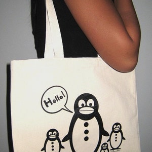 Violin Penguin Canvas Tote Bag - Reusable Shopping Bag, Natural Canvas With Fun Print
