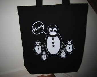 Hello Penguin canvas tote bag, also available in Skulls design