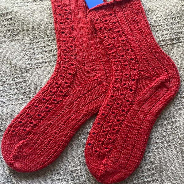 S2K Handknit Ruby Red Cable Lace Rib Socks