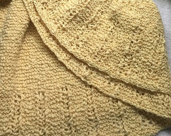 S2K Handknit Lt. Yellow Cotton Slub Crescent Scarf Wrap Shawl