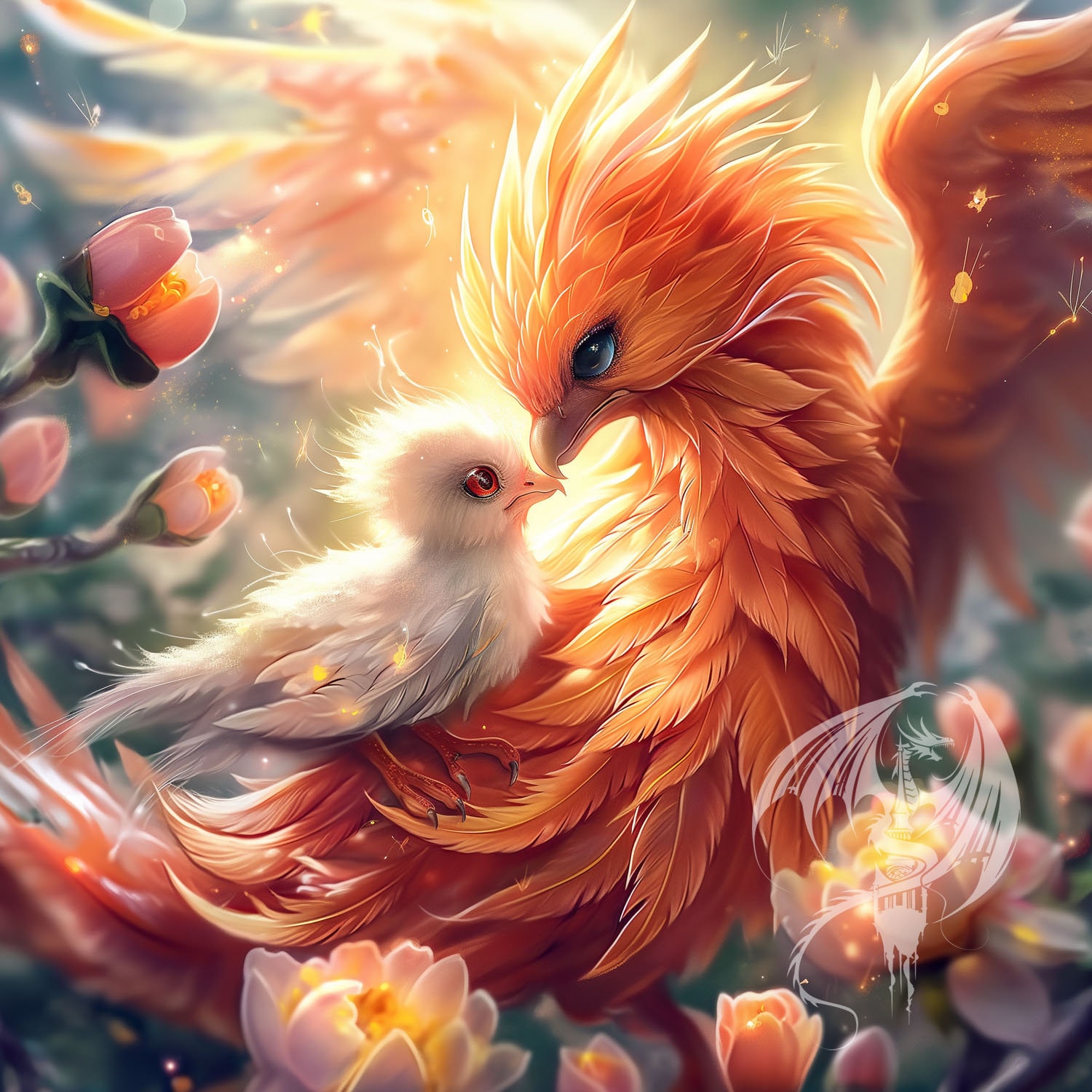 Whimsical Phoenix Art Print – Mother & Chick Wall Art, Nursery
