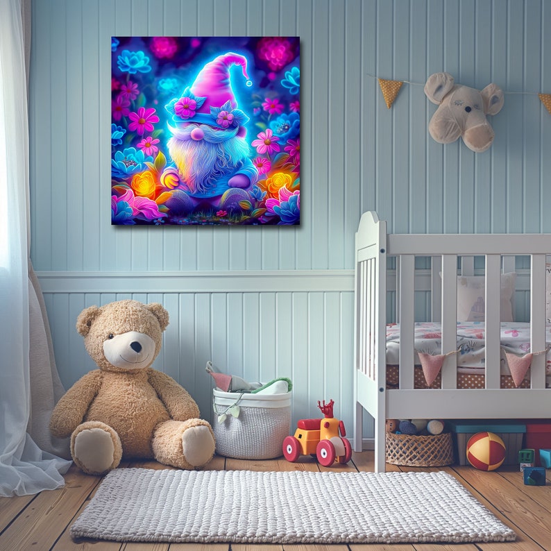 Neon Gnome in Glowing Pink & Blue Garden Vibrant Canvas Wall Art Square