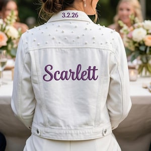 White Pearl Denim Jacket Personalized Name, Custom Script Embroidery Undercollar Date, Trendy Bridal Jean Jacket, Wedding Reception Wear