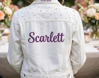 White Pearl Denim Jacket Personalized Name, Custom Script Embroidery Undercollar Date, Trendy Bridal Jean Jacket, Wedding Reception Wear