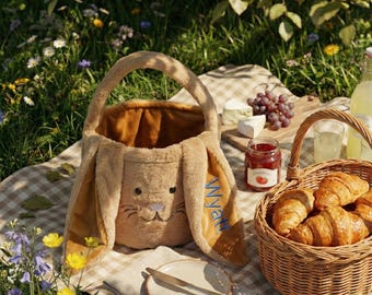 Cesta de conejito marrón con nombre personalizado, cubo de Pascua 2026 personalizado, estilo bohemio, regalo navideño para niños