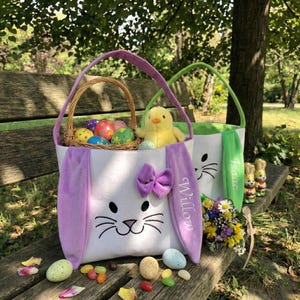 Personalized Easter Basket 2026 Embroidered Bunny Ear Bucket Custom Name Kids Gift Large Canvas Tote Bag Boys Girls Egg Hunt Pail