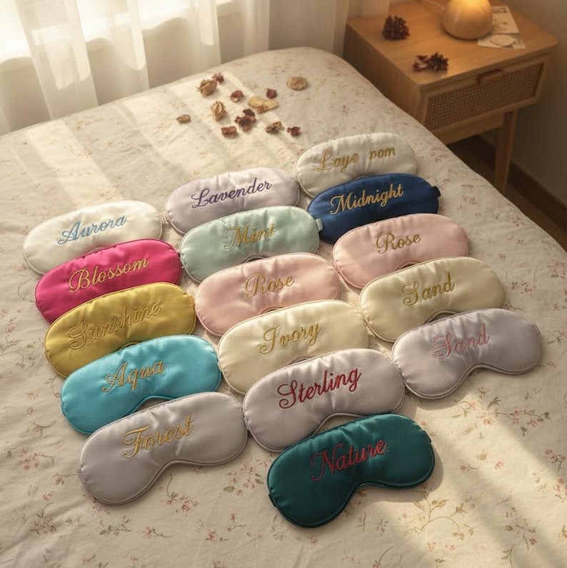 May include: A collection of satin sleep masks in various colors, including pink, blue, and yellow, each embroidered with a different name. The masks are arranged on a floral patterned bedspread. The names include "Aurora", "Blossom", and "Sunshine".