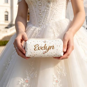 Embroidered Makeup Bag, Floral Bridesmaid Gifts, Personalized Kids Pouch, Flower Girl Present, Custom Name Cosmetic Case, Small Travel Bag