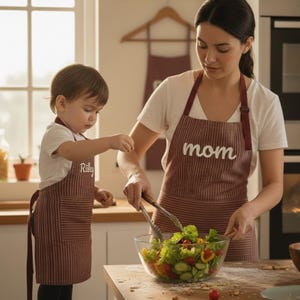 Peut inclure: Une mère et son enfant portent des tabliers rayés rouges et blancs assortis et préparent une salade dans une cuisine. Le tablier de la mère dit "maman" en écriture blanche, et celui de l'enfant dit "Riley". Un saladier contient la salade.