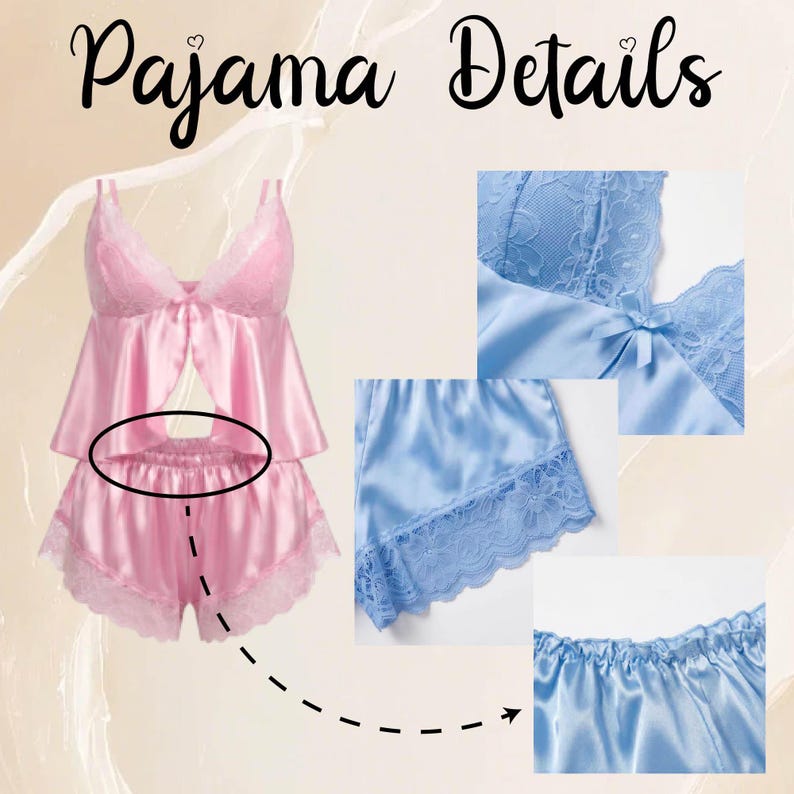 Pu&ograve; includere: Set pigiama in raso rosa con finiture in pizzo. Il set include un top a camisole con fiocco e pantaloncini. Ulteriori immagini mostrano i dettagli del pizzo e della fascia elastica in vita. Il testo "Pajama Details" &egrave; nella parte superiore dell'immagine.