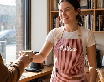 Personalized Apron for Women, Custom Embroidered Name Chef Apron, Striped Kitchen Smock with Pockets, Baking Gift for Her, Mom Birthday Gift