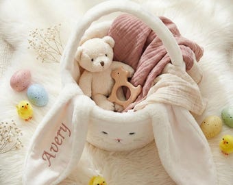 Panier lapin blanc personnalisé 2026 sac cadeau esthétique enfant seau de Pâques brodé personnalisé