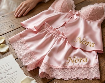 Completo intimo da donna in raso con ricami personalizzati, set di lingerie da sposa in pizzo personalizzato, intimo da sposa, luna di miele, regali per la sposa, regalo per la sposa,