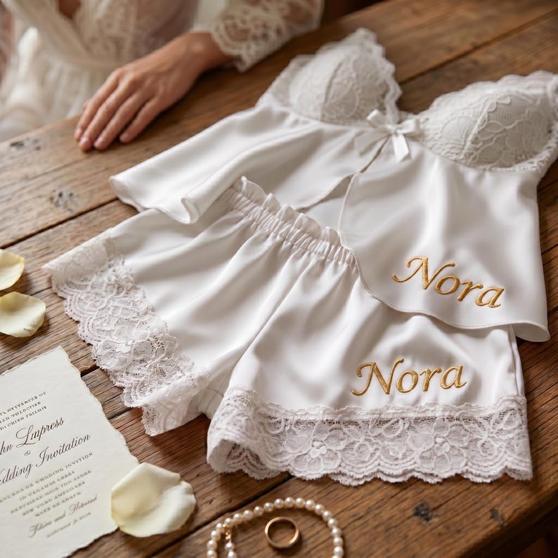 Pu&ograve; includere: Completo pigiama in raso bianco con bordi in pizzo, composto da top a camisole e pantaloncini. Il nome "Nora" &egrave; ricamato in oro su entrambi i capi. Sono visibili anche un invito di nozze e una collana di perle.