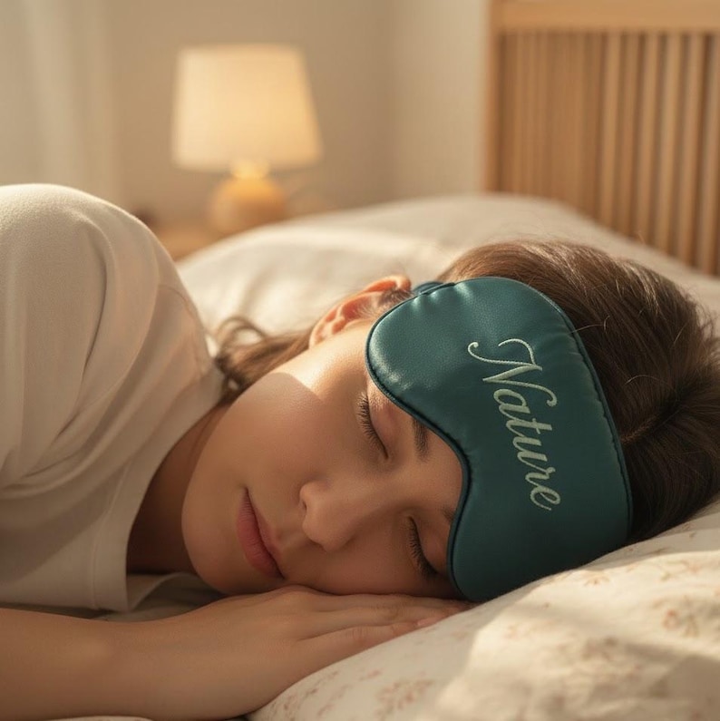 May include: A teal sleep mask with the word "Nature" embroidered in white script. The mask is worn by a person lying on a bed with a floral patterned pillowcase. A lamp is visible in the background.