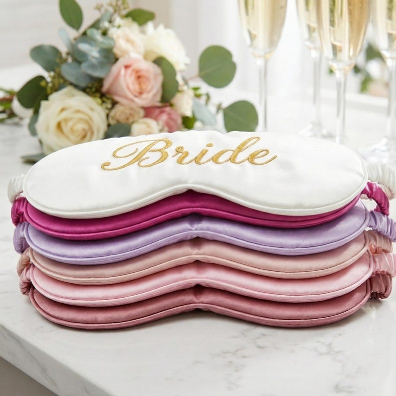May include: A stack of satin sleep masks in various shades of pink and purple. The top mask is white with the word "Bride" embroidered in gold. A bouquet of flowers and champagne flutes are in the background.