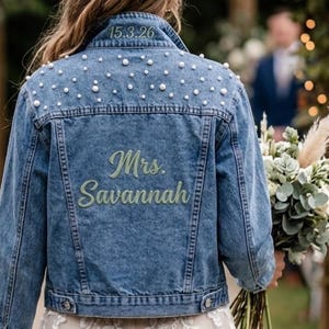 Custom Bride Denim Jacket Pearls, Personalized Sage Green Name & Under Collar Date Embroidery, Blue Wedding Jean Jacket, Mrs Gift Idea