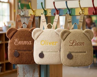 Individuell bestickter Kinderrucksack, Fuzzy-Bärn-Schultasche für Jungen-Mädchen, mit Monogramm Sherpa-Kleinkind-Tasche, personalisiertes Babypartygeschenk