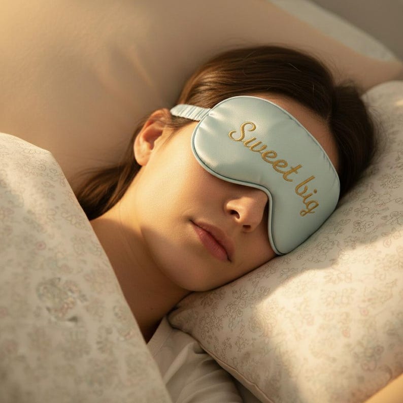 May include: A light blue sleep mask with the words "Sweet big" embroidered in gold script. The mask is worn by a person lying on a pillow, with a patterned pillowcase and a white sheet. The mask has a striped elastic band.