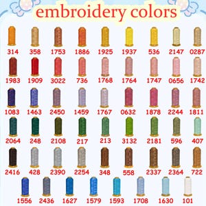 May include: A color chart displaying a variety of embroidery thread spools. The spools are arranged in rows and columns, each labeled with a unique number. The text "embroidery colors" is at the top. The threads are in various colors, including shades of brown, red, pink, green, blue, and beige.
