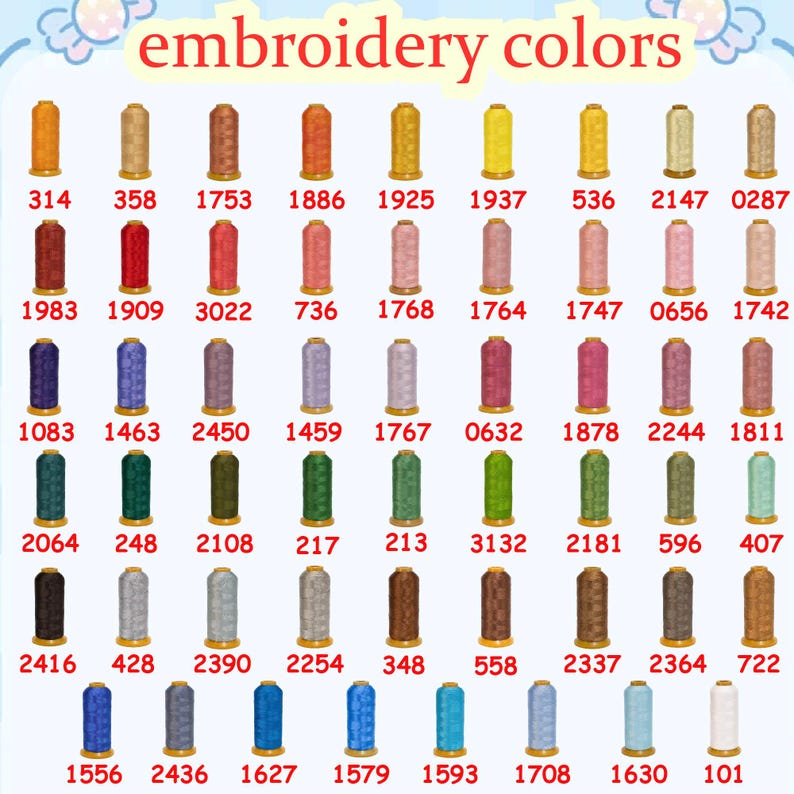 May include: A color chart displaying a variety of embroidery thread spools. The spools are arranged in rows and columns, each labeled with a unique number. The text "embroidery colors" is at the top. The threads are in various colors, including shades of brown, red, pink, green, blue, and beige.