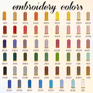 Pu&ograve; includere: Una tabella colori che mostra una variet&agrave; di colori di filo da ricamo. L'immagine presenta pi&ugrave; rocchetti di filo in varie tonalit&agrave;, tra cui arancione, giallo, rosso, rosa, viola, verde, marrone e blu. Il testo "embroidery colors" &egrave; in alto.