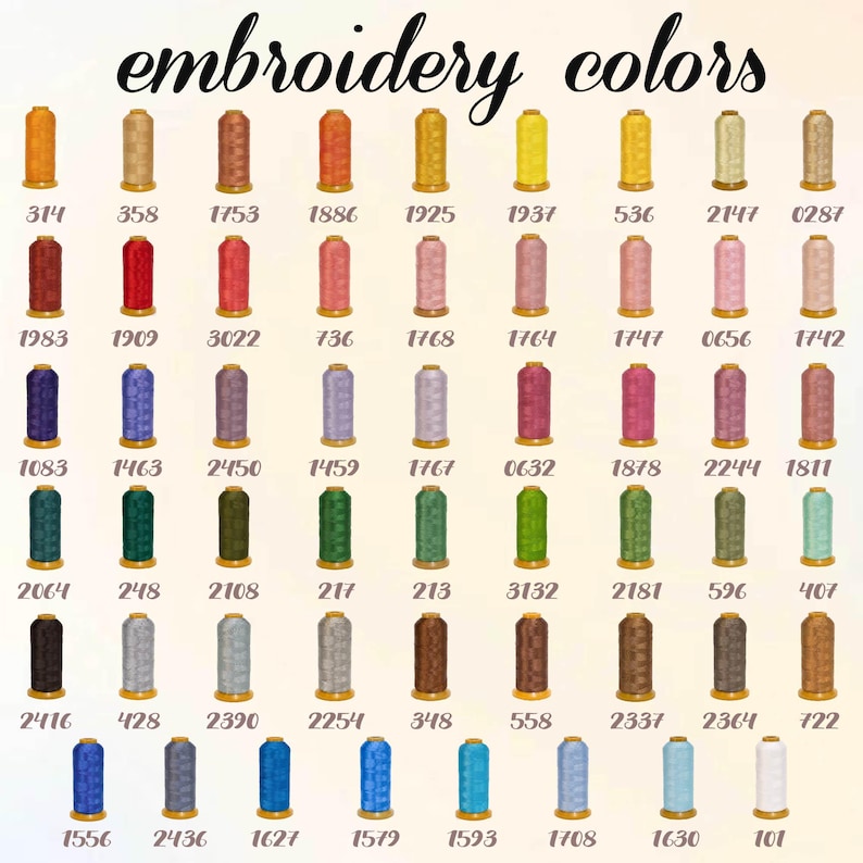 Pu&ograve; includere: Una tabella colori che mostra una variet&agrave; di colori di filo da ricamo. L'immagine presenta pi&ugrave; rocchetti di filo in varie tonalit&agrave;, tra cui arancione, giallo, rosso, rosa, viola, verde, marrone e blu. Il testo "embroidery colors" &egrave; in alto.