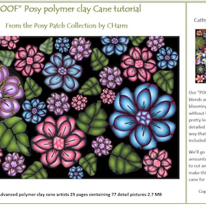 May include: A tutorial cover with a floral design of pink, blue, and purple flowers and green leaves on a black background. The text reads "POOF" Posy polymer clay Cane tutorial" and "From the Posy Patch Collection by Charm."
