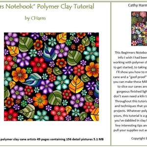 Op de afbeelding: Polymer klei tutorial "Beginners Notebook" door Charm. De afbeelding toont een bloemenontwerp met rode, oranje, paarse en blauwe bloemen. De tutorial bevat instructies voor het maken van Millefiori-staven en lichtschakelaarplaten.