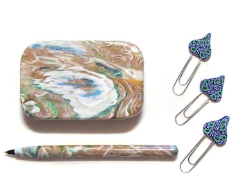 Tin trinket box with pen and clips or bookmarks Mokume Gane polymer clay design T23