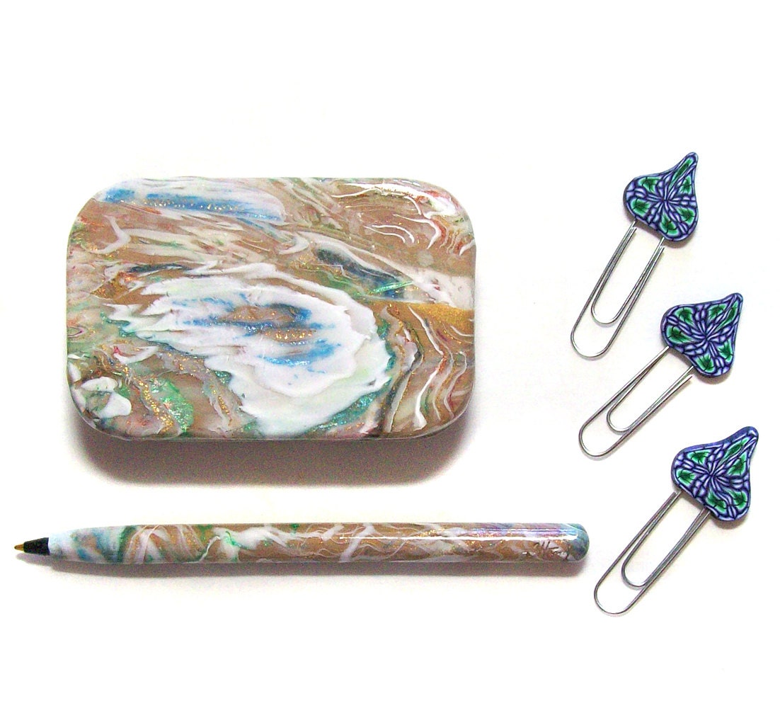 Tin Trinket Box With Pen and Clips or Bookmarks Mokume Gane Etsy