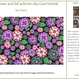 Puede incluir: Un tutorial sobre técnicas de caña de arcilla polimérica. La imagen muestra un patrón vibrante de flores y hojas rosas, moradas y verdes. El texto dice "WOW" flower and leaf polymer clay Cane tutorial by CHarm.
