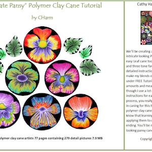 May include: Tutorial image featuring six colorful polymer clay pansy designs, each with intricate details and a black background. The tutorial is by Charm, with text that reads "Intricate Pansy" Polymer Clay Cane Tutorial.