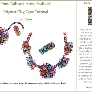 May include: A polymer clay cane tutorial titled "Pony Tails and Horse Feathers" by CCharm. The image shows a necklace, bracelet, and cane designs in various colors, including orange, blue, and purple. The tutorial includes 34 pages with 108 detail pictures.