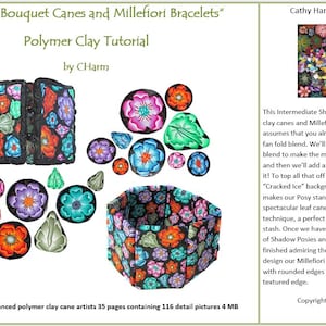 May include: Polymer clay tutorial for making "Shadow Bouquet Canes and Millefiori Bracelets." The image shows finished polymer clay canes and bracelet designs with colorful floral patterns. The tutorial is by CHarm.