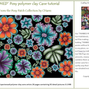 May include: Polymer clay cane tutorial with a floral design in orange, teal, purple, and green on a black background. The text reads "FRAMED" Posy polymer clay Cane tutorial. The tutorial is for advanced beginners.