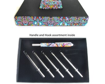 Crochet hook boxed set with 6 interchangeable hooks polymer clay millefiori design CR05