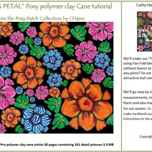 May include: An image for a polymer clay tutorial, showcasing a colourful floral design. The artwork features orange, pink, blue, and green flowers set against a black backdrop. Text includes "FLOATING PETAL" and "Posy polymer clay Cane tutorial".