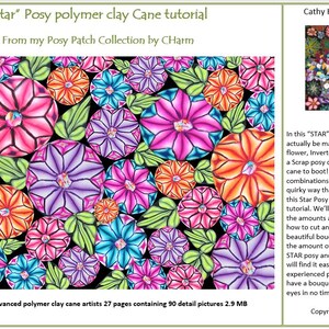 May include: A vibrant tutorial cover featuring colorful polymer clay flowers in pink, orange, purple, and blue, with green leaves on a black background. The text reads "Star Posy polymer clay Cane tutorial" and mentions 27 pages with 90 detail pictures.